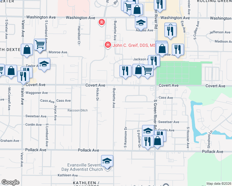 map of restaurants, bars, coffee shops, grocery stores, and more near 4309 Covert Avenue in Evansville