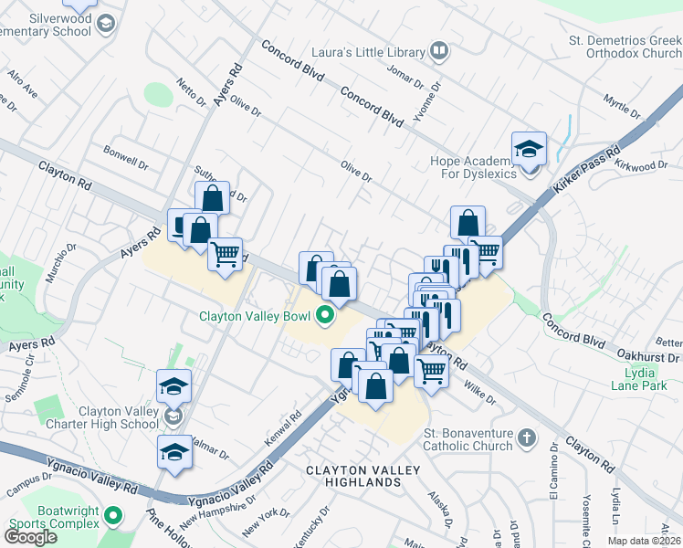 map of restaurants, bars, coffee shops, grocery stores, and more near 5267 Clayton Road in Concord