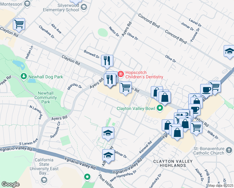 map of restaurants, bars, coffee shops, grocery stores, and more near 5100 Clayton Road in Concord