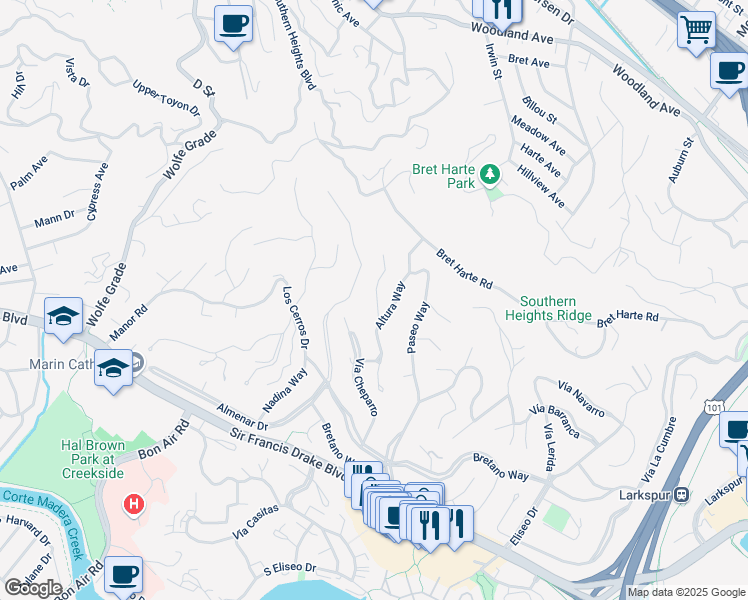 map of restaurants, bars, coffee shops, grocery stores, and more near 23 Cielo Drive in Larkspur