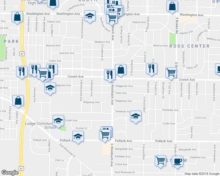 map of restaurants, bars, coffee shops, grocery stores, and more near 1655 South Weinbach Avenue in Evansville