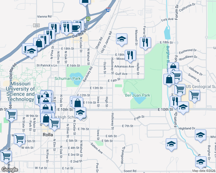 map of restaurants, bars, coffee shops, grocery stores, and more near 801 East 13th Street in Rolla