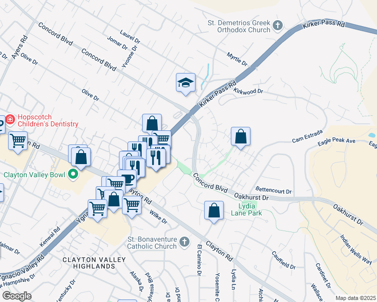 map of restaurants, bars, coffee shops, grocery stores, and more near 1738 Kirker Pass Road in Clayton