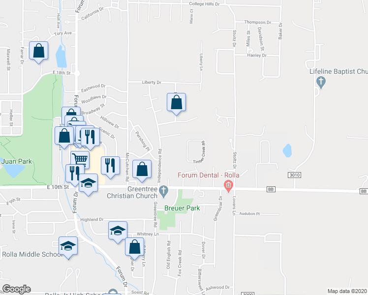 map of restaurants, bars, coffee shops, grocery stores, and more near 1523 Timber Creek Road in Rolla