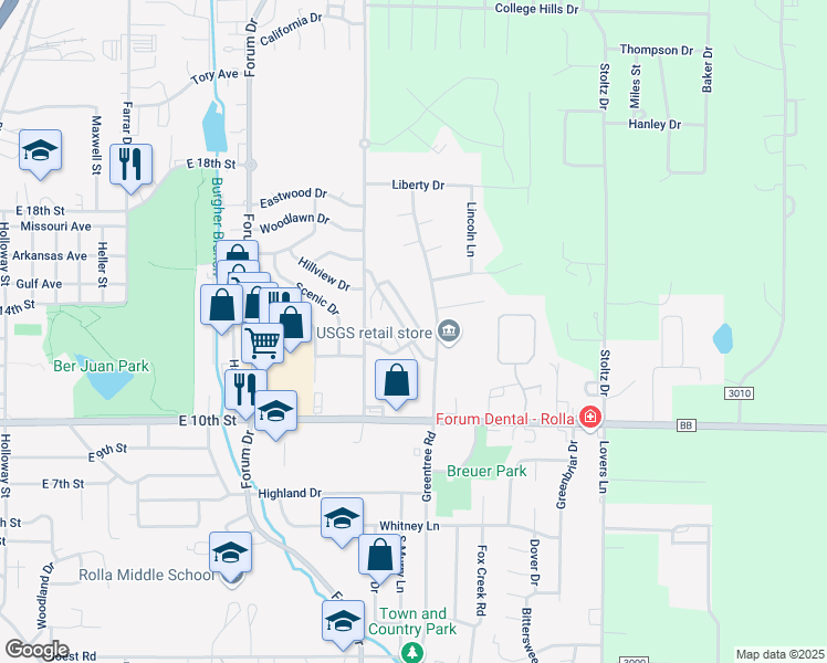 map of restaurants, bars, coffee shops, grocery stores, and more near 1517 Pershing Place in Rolla