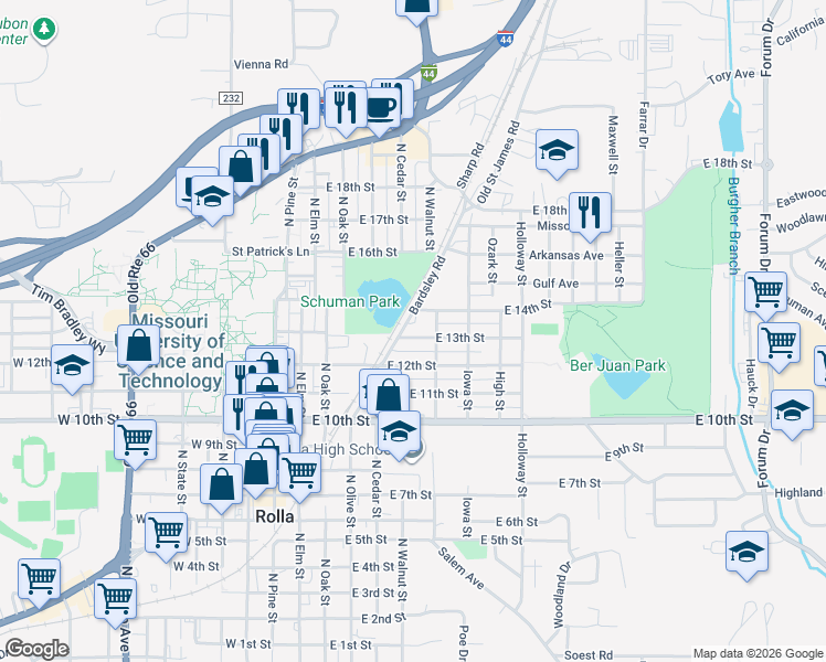 map of restaurants, bars, coffee shops, grocery stores, and more near 1307 Maple Street in Rolla
