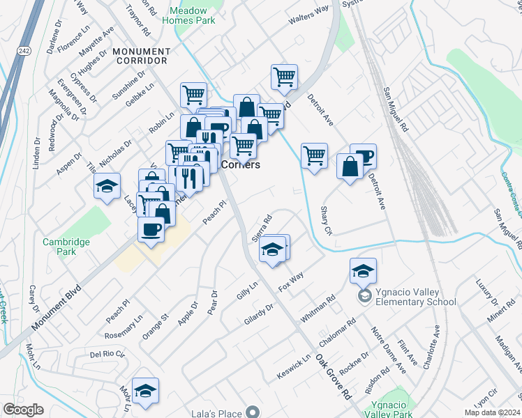 map of restaurants, bars, coffee shops, grocery stores, and more near 2033 Sierra Road in Concord