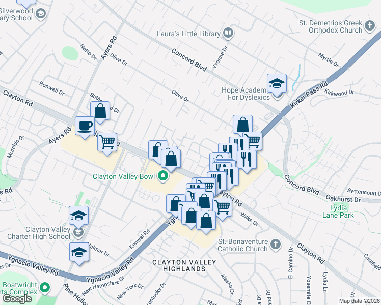 map of restaurants, bars, coffee shops, grocery stores, and more near 5301 Concerto Circle in Concord