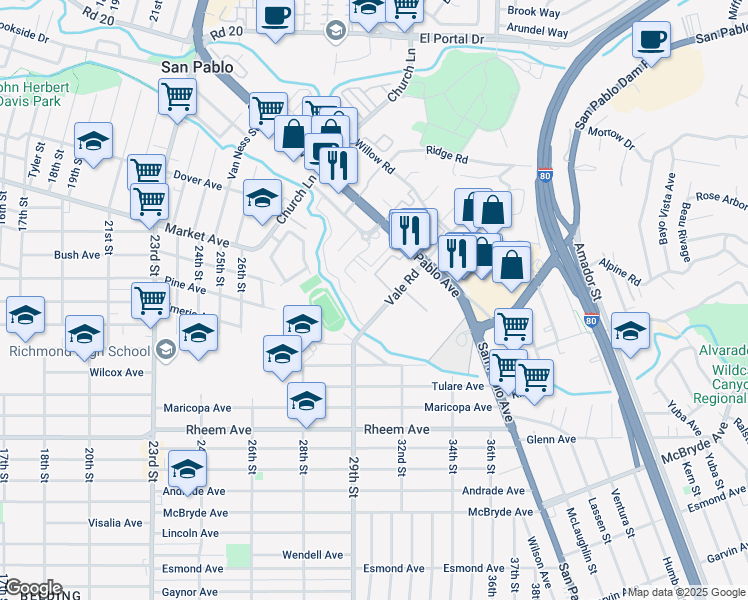 map of restaurants, bars, coffee shops, grocery stores, and more near 2089 Vale Road in San Pablo