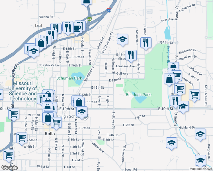 map of restaurants, bars, coffee shops, grocery stores, and more near 1301 High Street in Rolla