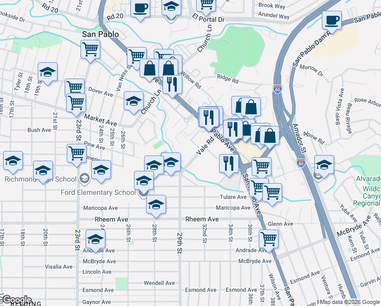 map of restaurants, bars, coffee shops, grocery stores, and more near 2089 Vale Road in San Pablo