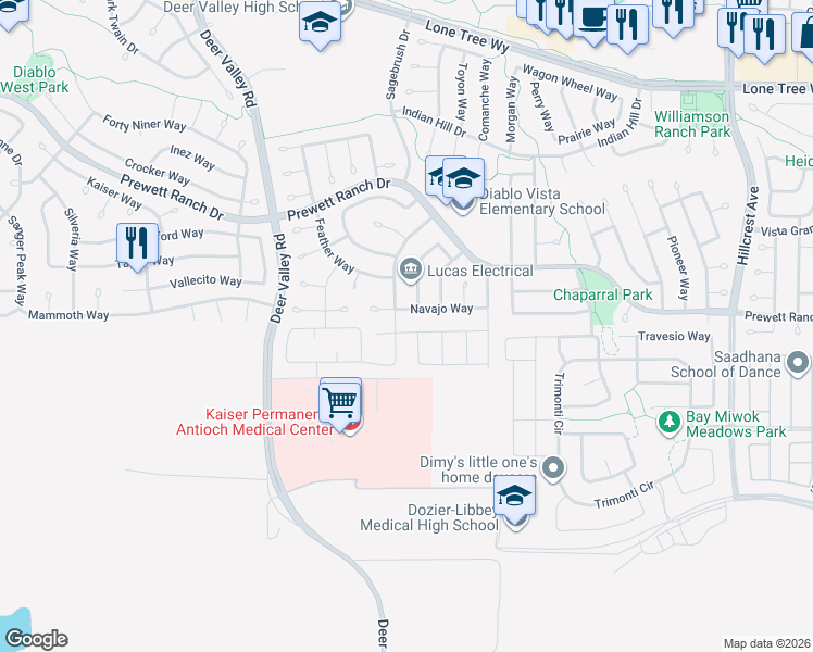 map of restaurants, bars, coffee shops, grocery stores, and more near 5305 Cardinal Street in Antioch
