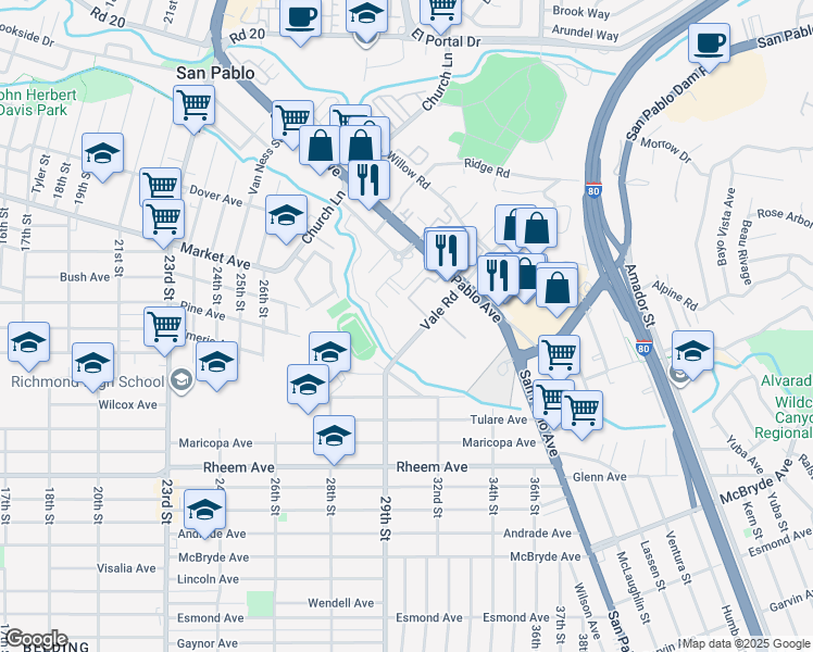 map of restaurants, bars, coffee shops, grocery stores, and more near 2089 Vale Road in San Pablo