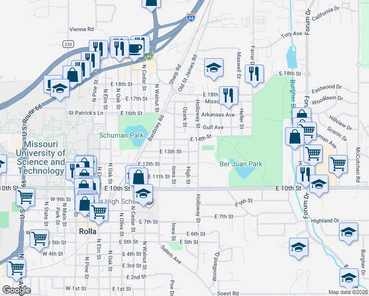 map of restaurants, bars, coffee shops, grocery stores, and more near 1304 High Street in Rolla