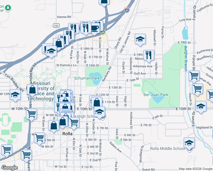 map of restaurants, bars, coffee shops, grocery stores, and more near 1307 Maple Street in Rolla