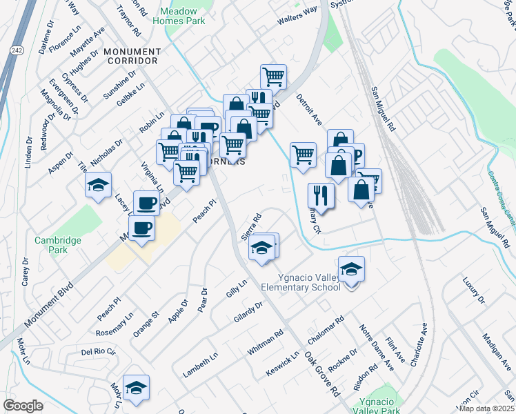 map of restaurants, bars, coffee shops, grocery stores, and more near 2037 Sierra Road in Concord