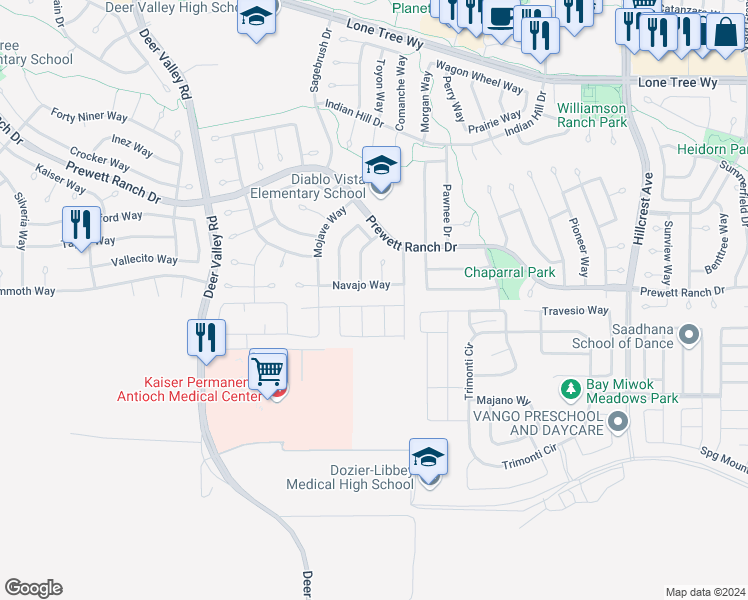 map of restaurants, bars, coffee shops, grocery stores, and more near 5337 Cardinal Street in Antioch