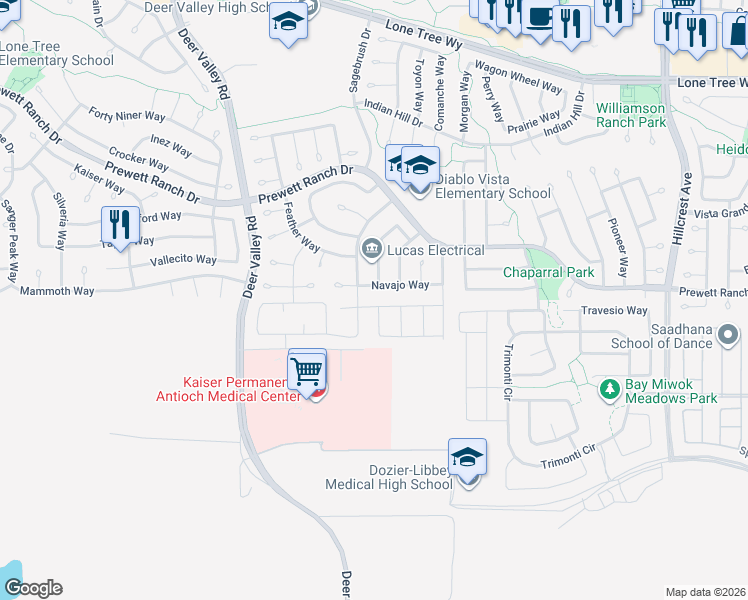 map of restaurants, bars, coffee shops, grocery stores, and more near 5309 Cardinal Street in Antioch