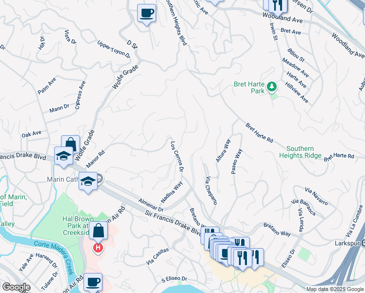 map of restaurants, bars, coffee shops, grocery stores, and more near 320 Vista Grande in Kentfield