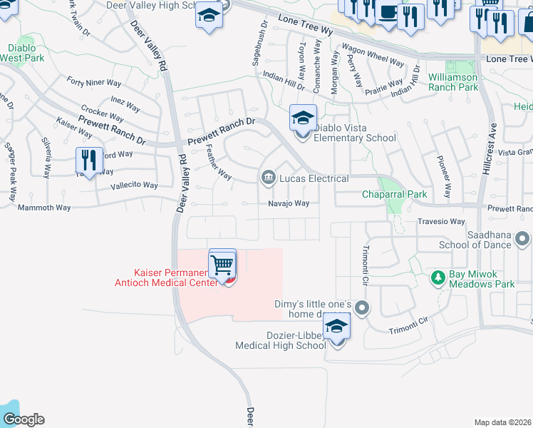 map of restaurants, bars, coffee shops, grocery stores, and more near 5305 Cardinal Street in Antioch