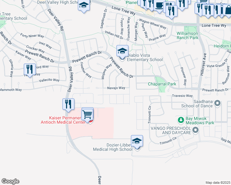 map of restaurants, bars, coffee shops, grocery stores, and more near 5325 Cardinal Street in Antioch