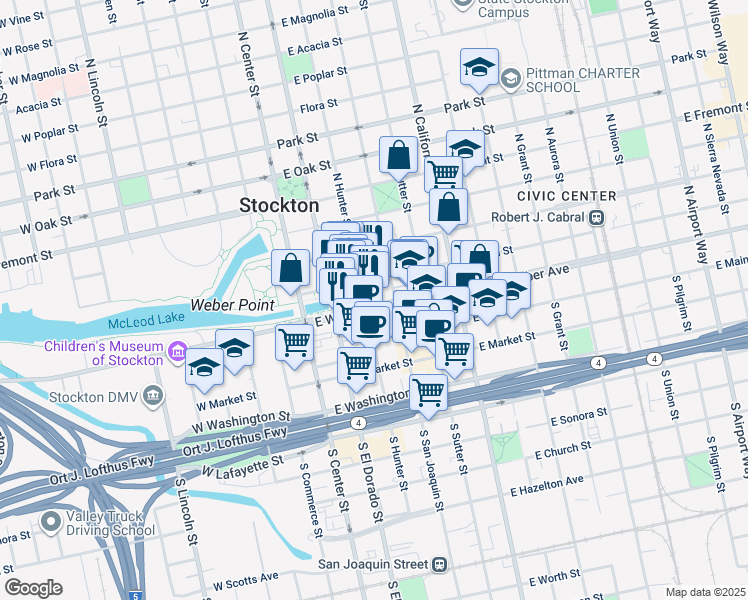 map of restaurants, bars, coffee shops, grocery stores, and more near 106 North Hunter Street in Stockton