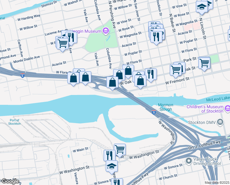 map of restaurants, bars, coffee shops, grocery stores, and more near 1531 West Fremont Street in Stockton