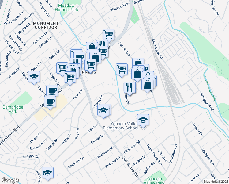 map of restaurants, bars, coffee shops, grocery stores, and more near 2055 Sierra Road in Concord