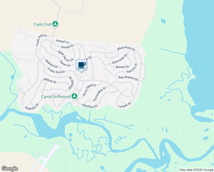 map of restaurants, bars, coffee shops, grocery stores, and more near Bay Breeze Drive in Horntown