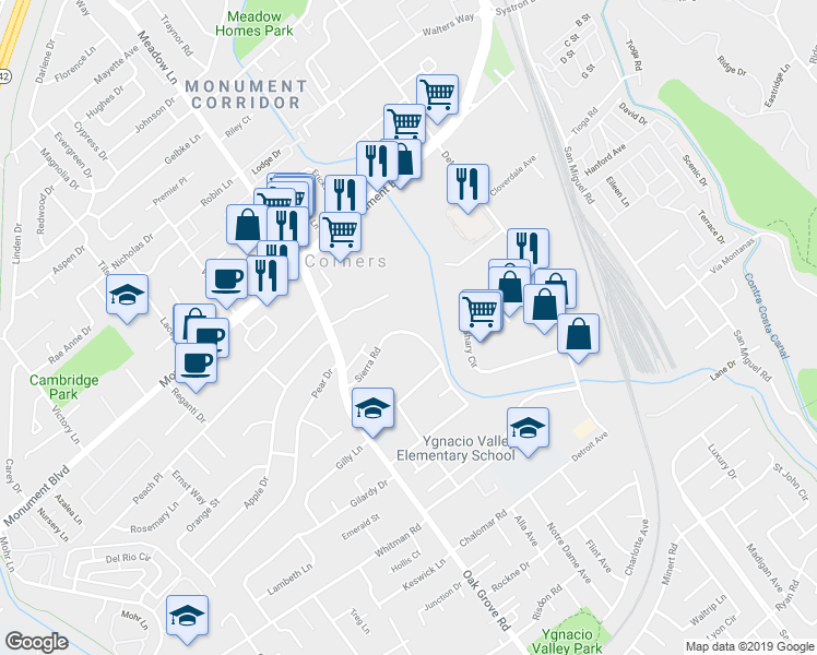 map of restaurants, bars, coffee shops, grocery stores, and more near 2055 Sierra Road in Concord