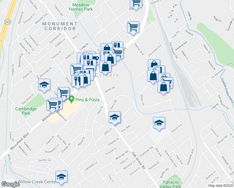 map of restaurants, bars, coffee shops, grocery stores, and more near 2039 Sierra Road in Concord
