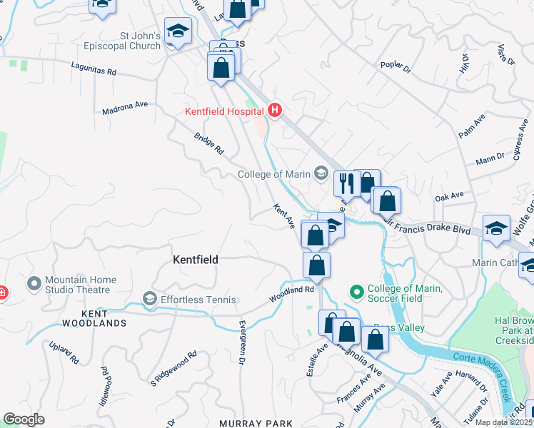 map of restaurants, bars, coffee shops, grocery stores, and more near 8 Hillside Avenue in Kentfield