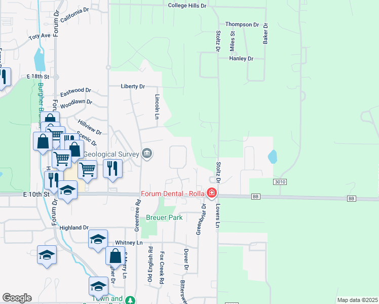 map of restaurants, bars, coffee shops, grocery stores, and more near 1539 Timber Creek Road in Rolla