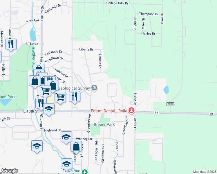 map of restaurants, bars, coffee shops, grocery stores, and more near 1523 Timber Creek Road in Rolla