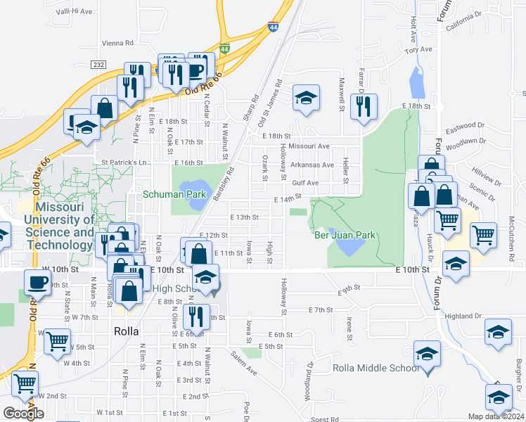 map of restaurants, bars, coffee shops, grocery stores, and more near 1304 High Street in Rolla