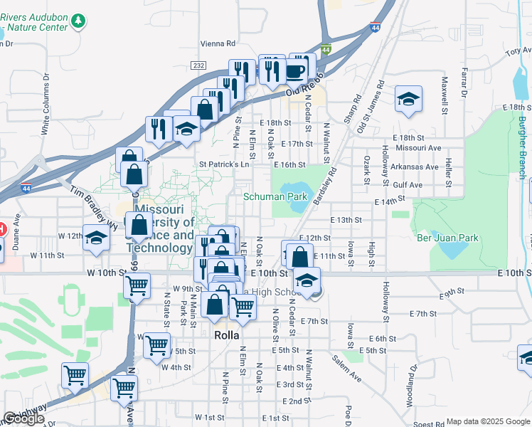 map of restaurants, bars, coffee shops, grocery stores, and more near 1210 North Oak Street in Rolla