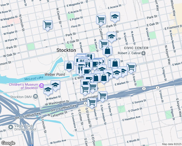 map of restaurants, bars, coffee shops, grocery stores, and more near 136 North Hunter Street in Stockton
