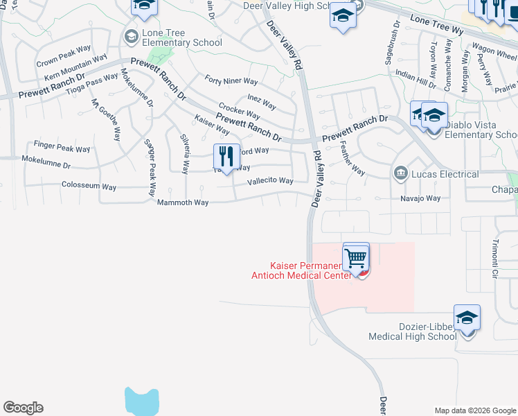 map of restaurants, bars, coffee shops, grocery stores, and more near 2708 Stanley Court in Antioch