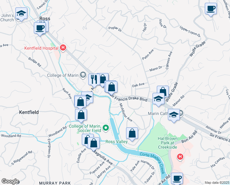 map of restaurants, bars, coffee shops, grocery stores, and more near 4 Ash Avenue in Kentfield