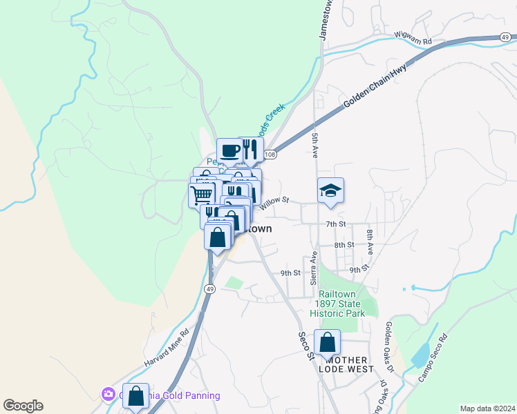map of restaurants, bars, coffee shops, grocery stores, and more near 10324 Willow Street in Jamestown
