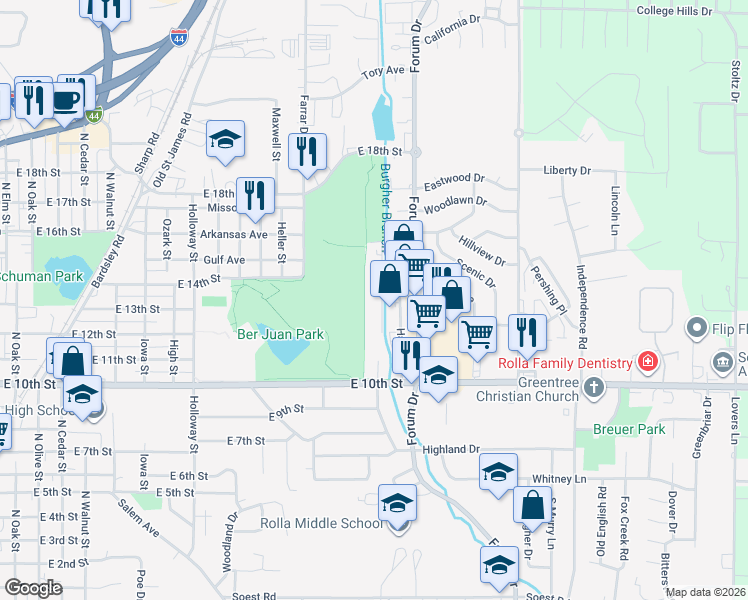 map of restaurants, bars, coffee shops, grocery stores, and more near 1207 Homelife Plaza in Rolla