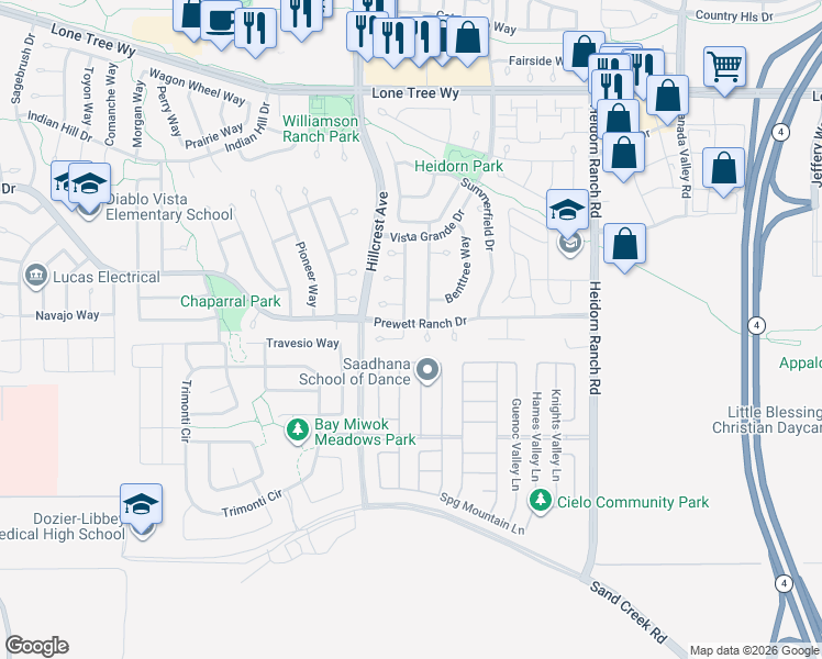 map of restaurants, bars, coffee shops, grocery stores, and more near 5559 Sunview Court in Antioch