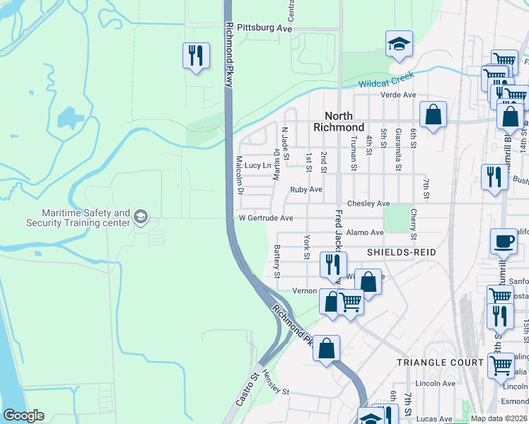 map of restaurants, bars, coffee shops, grocery stores, and more near 116 Malcolm Drive in Richmond