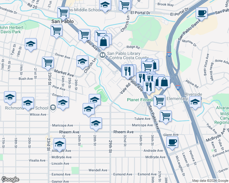 map of restaurants, bars, coffee shops, grocery stores, and more near 2089 Vale Road in San Pablo