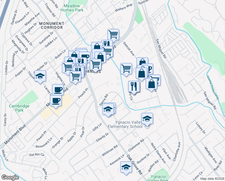 map of restaurants, bars, coffee shops, grocery stores, and more near 2039 Sierra Road in Concord