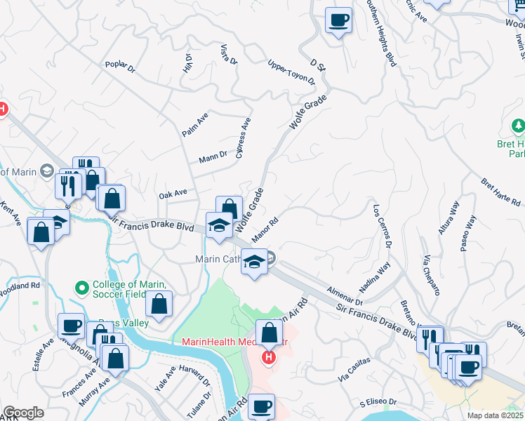 map of restaurants, bars, coffee shops, grocery stores, and more near 10 Kentdale Lane in Kentfield