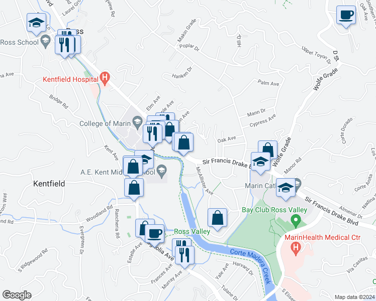 map of restaurants, bars, coffee shops, grocery stores, and more near 2 Ash Avenue in Kentfield