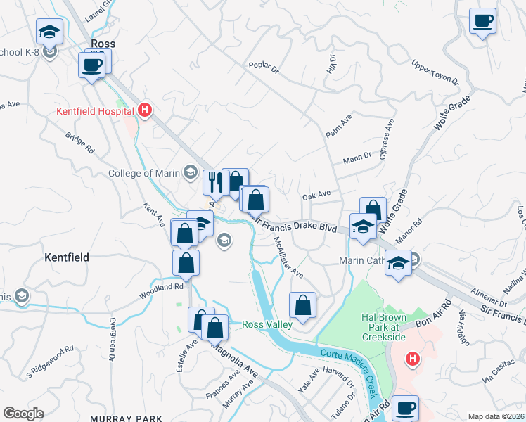 map of restaurants, bars, coffee shops, grocery stores, and more near 2 Ash Avenue in Kentfield