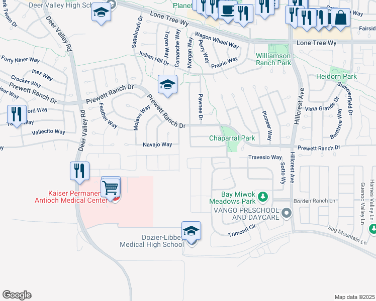 map of restaurants, bars, coffee shops, grocery stores, and more near 5240 Grass Valley Way in Antioch