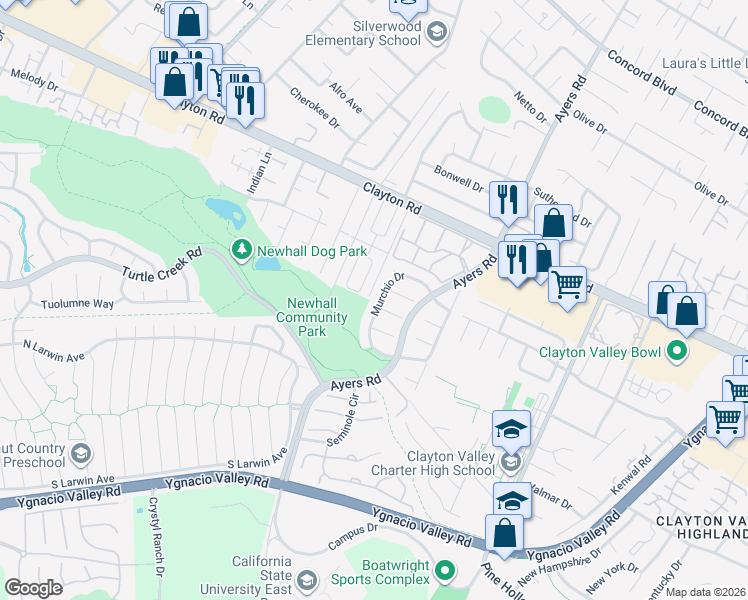 map of restaurants, bars, coffee shops, grocery stores, and more near 5017 Murchio Drive in Concord